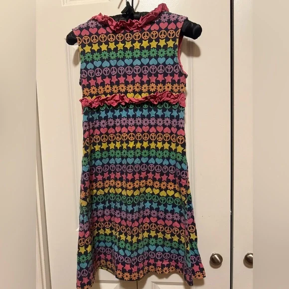 Girls 10/12 Pink Peace Sign Dress Y2K Retro Groovy Summer Stretch - Picture 2 of 3